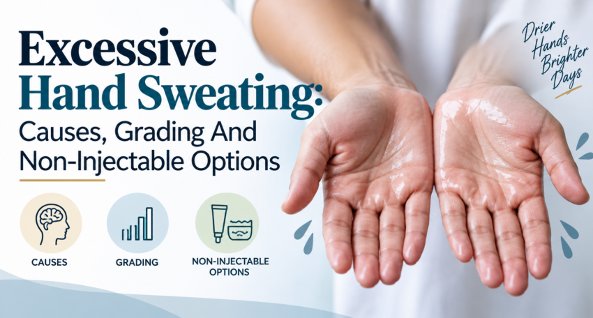 Severity grading chart for excessive hand sweating with first-line and second-line treatment options