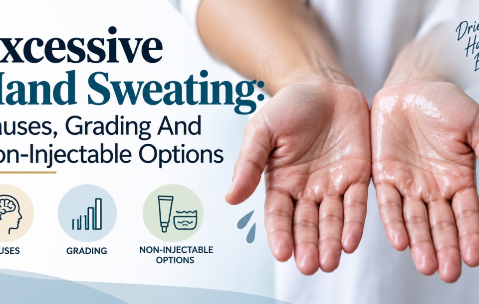 Severity grading chart for excessive hand sweating with first-line and second-line treatment options